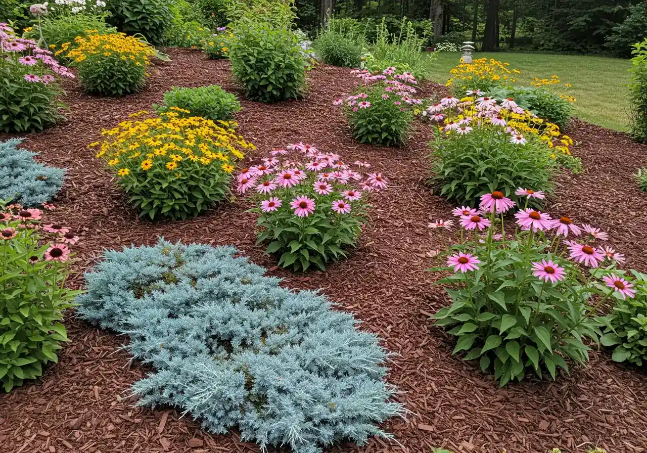 A vibrant, well-established slope garden demonstrating successful planting on an incline. It should feature a mix of plants mentioned in the article, such as Coneflowers (Echinacea), Black-Eyed Susans (Rudbeckia), and a groundcover like Creeping Juniper, effectively covering the soil and preventing erosion. The plants look healthy and well-suited to the environment.