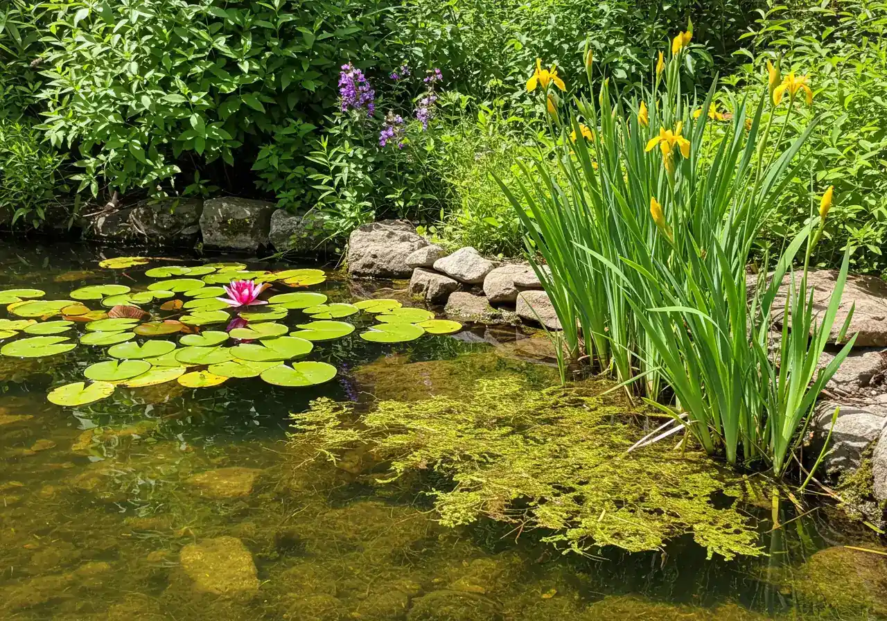 An image showcasing a thriving pond edge populated with a variety of beneficial aquatic plants. Include floating plants like water lily pads (perhaps with a bloom), emergent marginal plants like irises or pickerel weed growing in the shallows, and visible submerged oxygenator plants beneath the clear water surface.