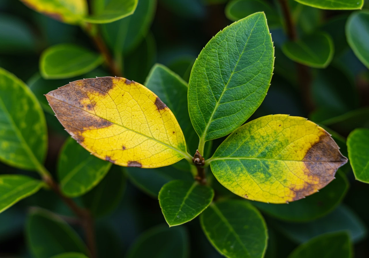 Detailed close-up photograph focusing on several leaves of a common garden shrub exhibiting chlorosis. The leaves are primarily yellow, but the network of veins remains distinctly green, illustrating a common nutrient deficiency sign. A few healthier, fully green leaves are visible nearby for contrast. The lighting is soft natural daylight, highlighting the texture of the leaves. Shallow depth of field blurs the background.