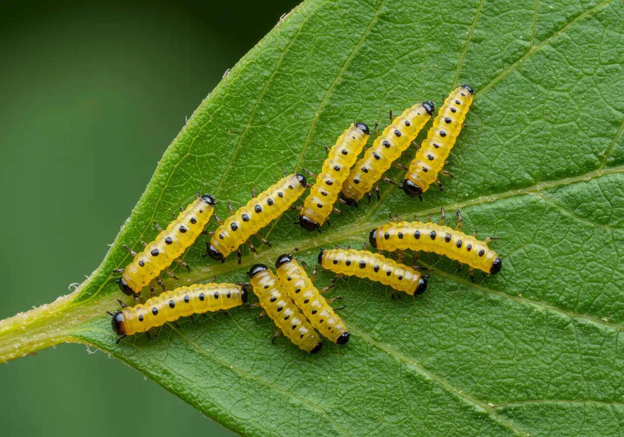 A highly detailed macro photograph showing the underside of a green viburnum leaf with several small, yellowish-green Viburnum Leaf Beetle larvae clustered together. The larvae should have visible black spots, and their slightly slimy texture should be apparent. The focus is sharp on the larvae and the immediate leaf surface.