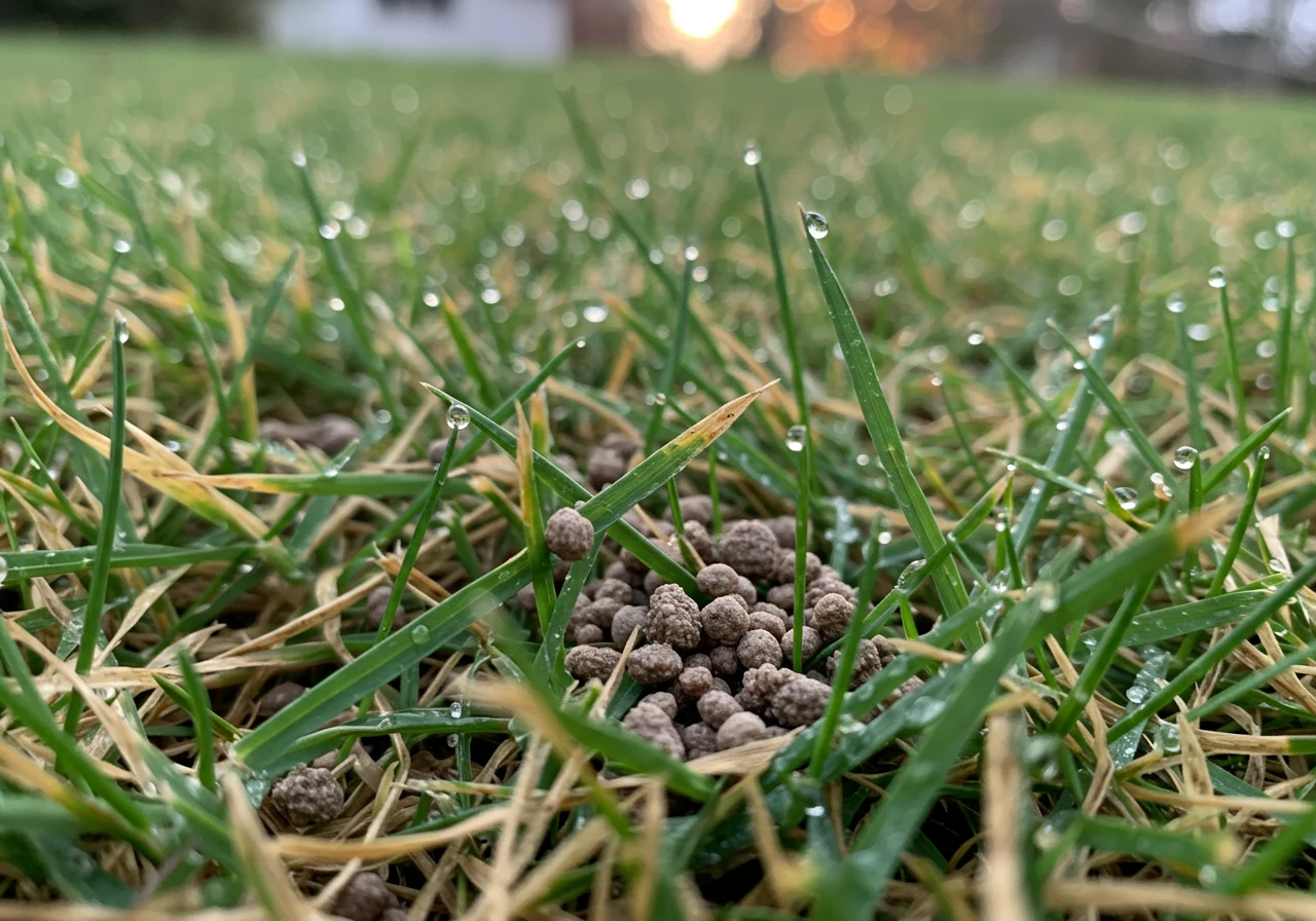 A close-up, ground-level view focusing on slow-release granular fall fertilizer pellets scattered evenly amongst blades of dormant late-fall grass. Some blades might be green, others brown. Dew drops could be visible on the grass. The focus is sharp on the granules and grass texture.