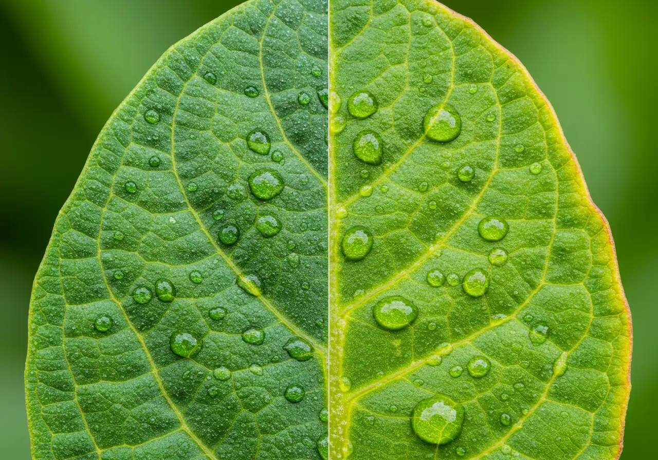 Extreme close-up macro shot focusing on a plant leaf. Half the leaf is healthy, vibrant green, while the other half shows subtle early signs of stress like slight yellowing or tiny spots, visually illustrating the concept of 'Regular Check-Ups (Monitoring)' for early detection.