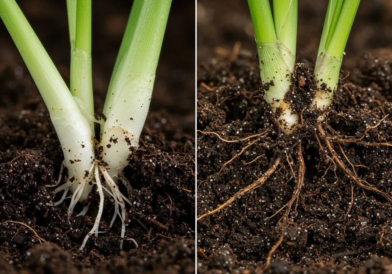 A clear visual comparison between healthy plant roots and roots suffering from root rot. The image should be split or side-by-side, showing firm, white roots on one side and dark, mushy, decaying roots on the other, both partially exposed from soil.