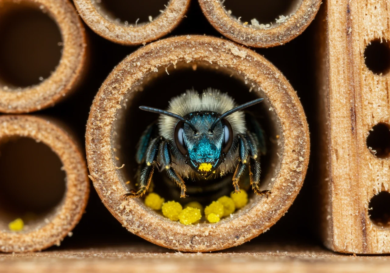 A detailed close-up (macro) photograph of one of the highlighted beneficial insects, such as a Mason Bee, actively using a part of the insect hotel. For example, a bee entering a bamboo tube, clearly showing its features.