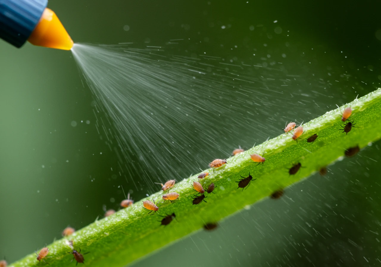 A dramatic close-up showing a fine mist being sprayed from an unseen nozzle directly onto a plant leaf heavily infested with small pests like spider mites or aphids. The focus should be on the spray contacting the pests, illustrating targeted application.