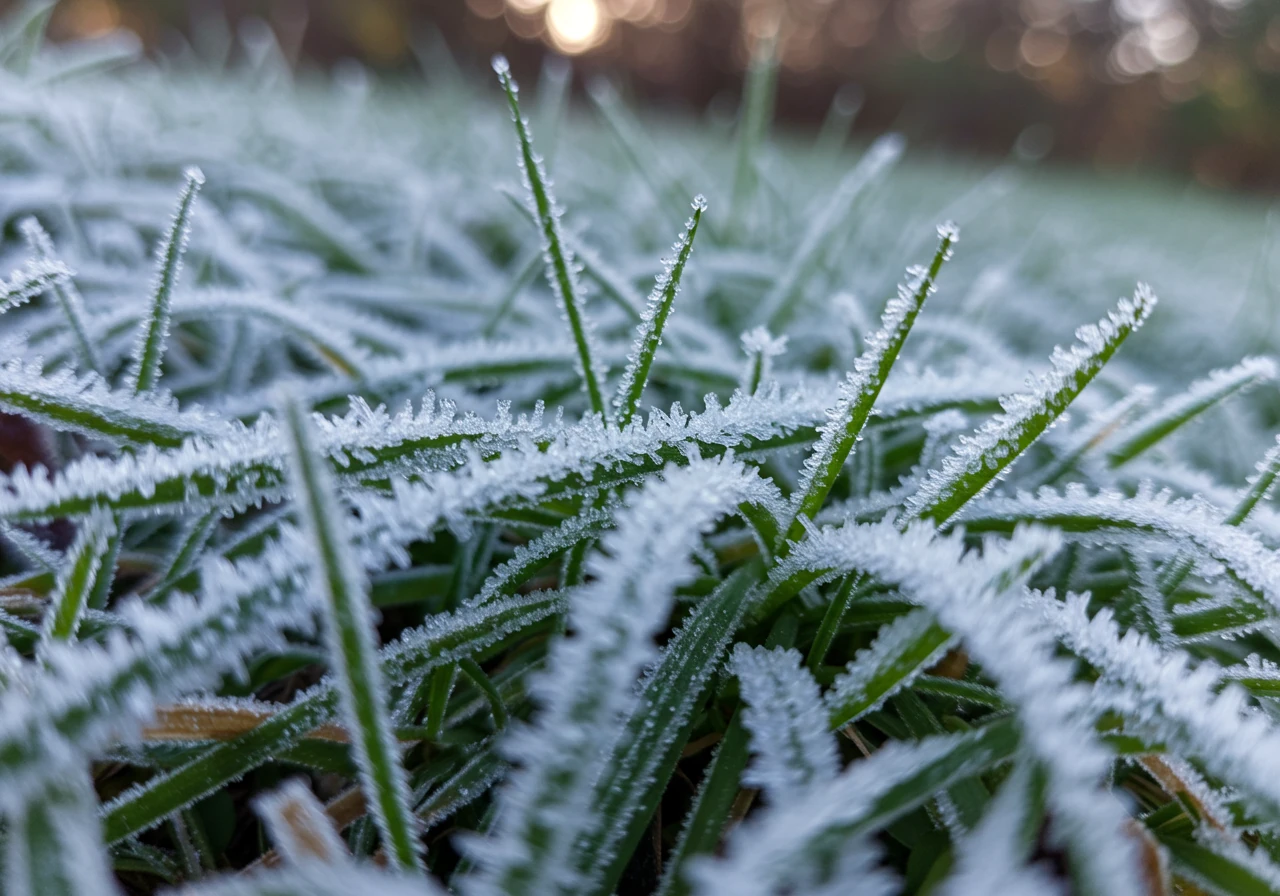 A visually clear example of a frost pocket: a patch of lawn in a subtle depression covered in heavy white frost, while the slightly higher surrounding grass has little to no frost. Captures the microclimate effect described.