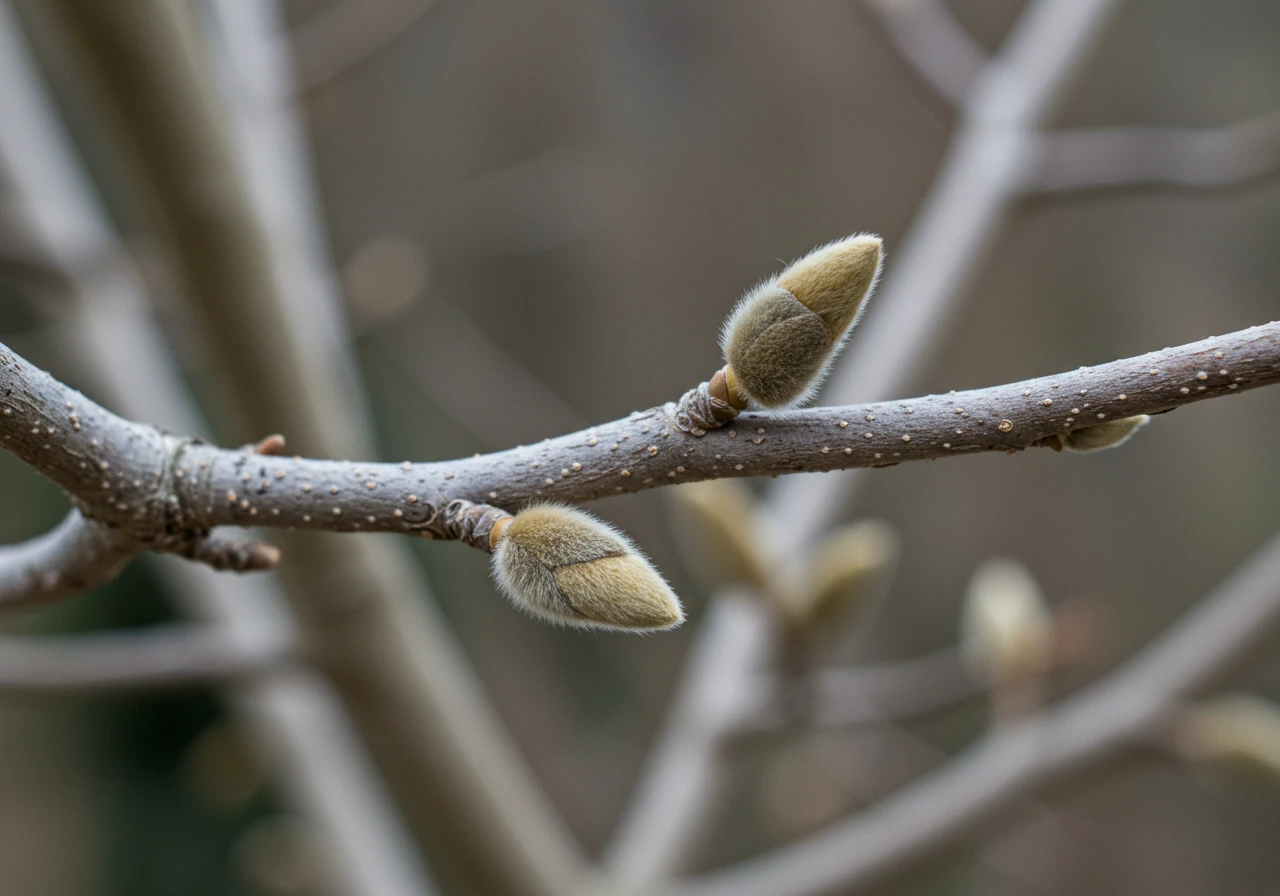 A detailed macro photograph focusing on the dormant flower buds present on an 'old wood' stem of a recognizable spring-blooming shrub like Forsythia or Magnolia. The image should clearly show the texture of the woody stem and the distinct shape of the buds, highlighting their presence long before spring.