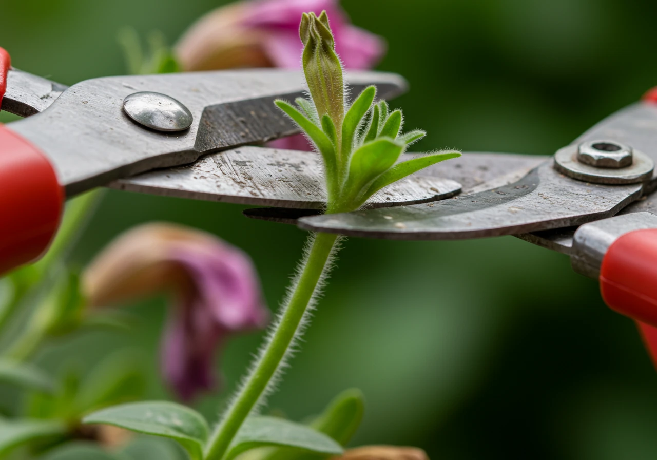 A close-up, illustrative image showing the precise action of deadheading without showing hands. Focus on the tool cutting a faded flower stem above new growth.