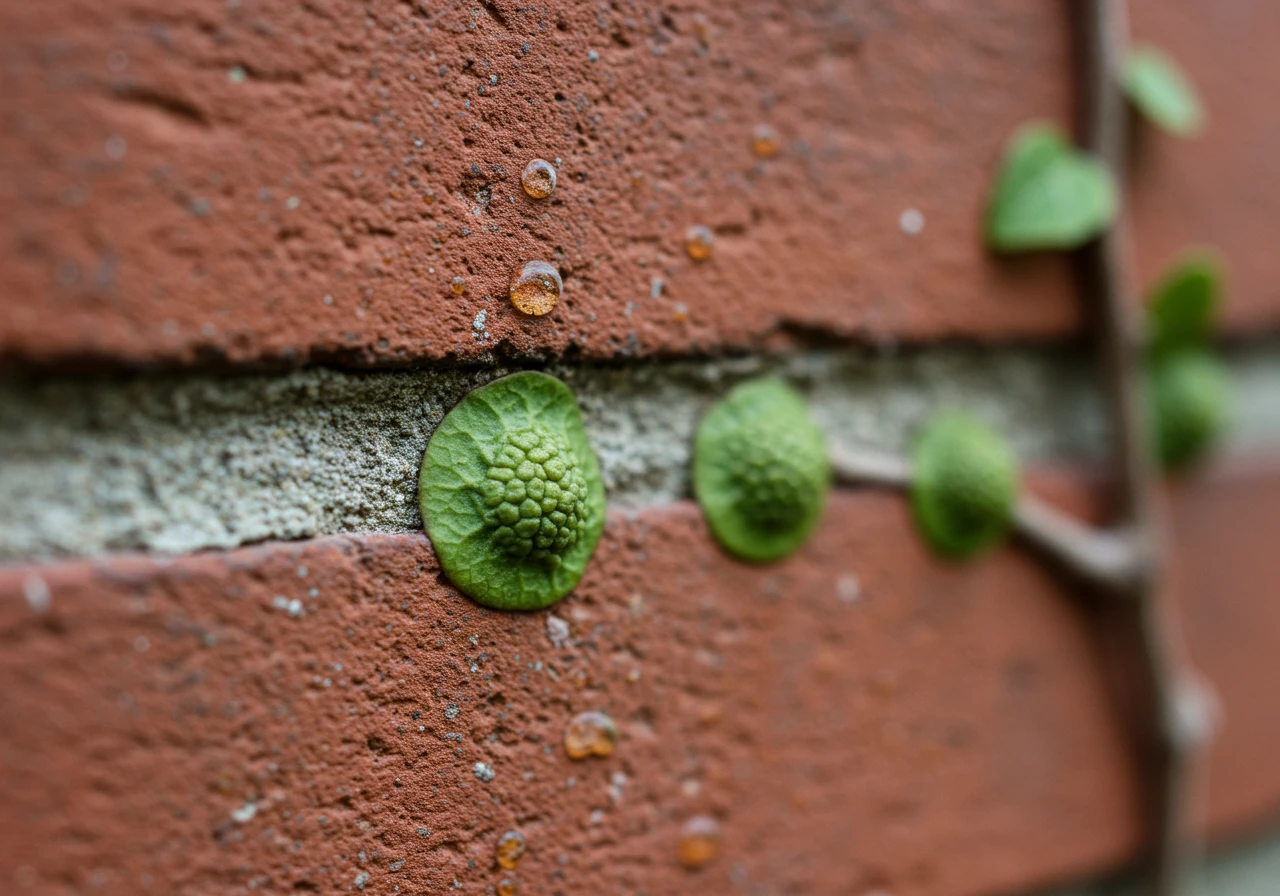 A detailed close-up photograph focusing on the adhesive pads of a Boston Ivy or Virginia Creeper vine firmly attached to a weathered red brick wall. The image should highlight the texture of the pads and the brick, illustrating the 'Hugger' climbing method.