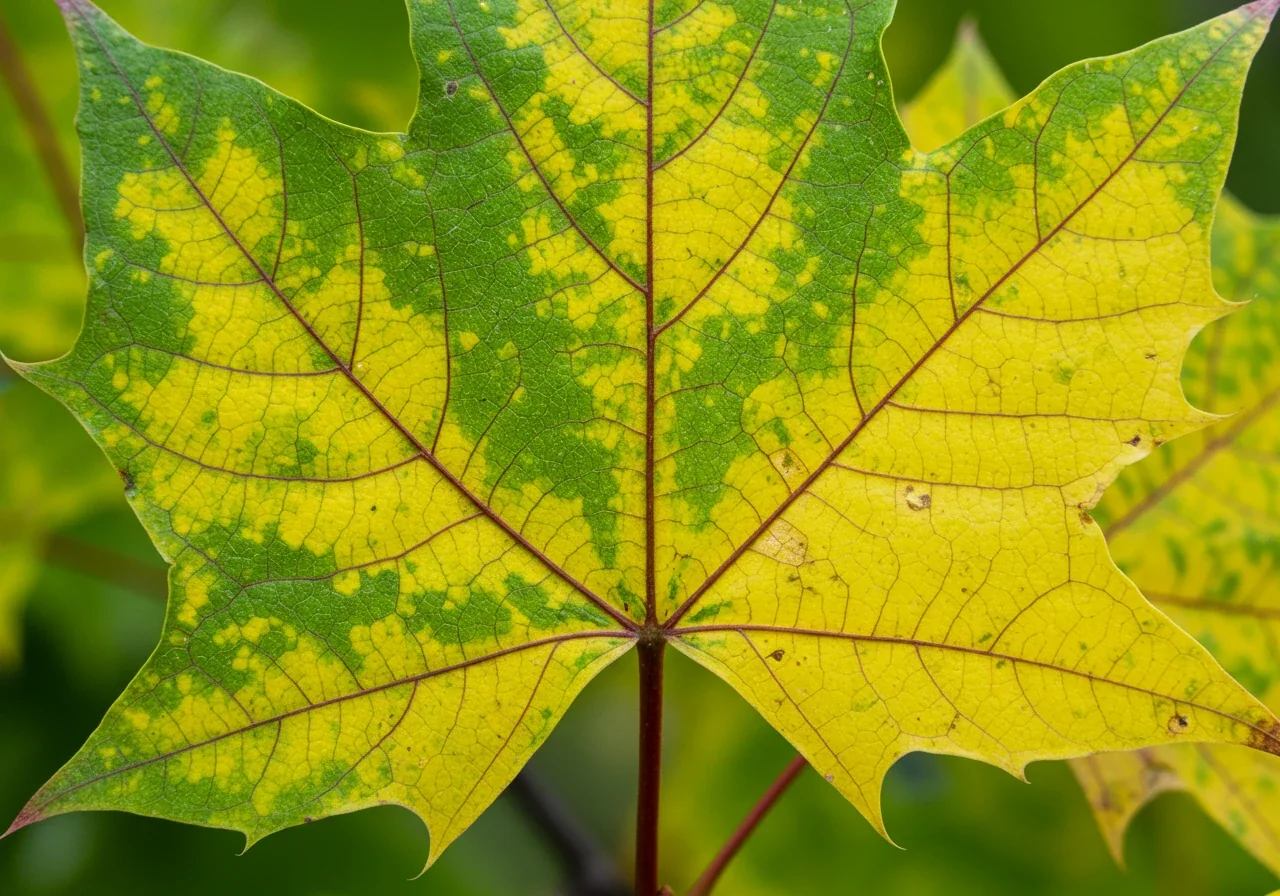 A clear, high-resolution image showing a common leaf problem described in the text, such as chlorosis (yellowing leaves with green veins), to help readers visually identify signs of potential nutrient deficiency or health issues in their own plants.