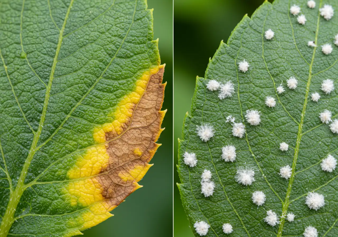 A high-resolution, detailed close-up photograph comparing different common leaf problems side-by-side. On one side, a plant leaf showing distinct signs of chlorosis (yellowing between green veins). On the other side, a leaf exhibiting clear powdery mildew (white, fuzzy patches). The focus is sharp on the leaf textures and symptoms, presented against a softly blurred natural background. No pests visible, only the plant symptoms.