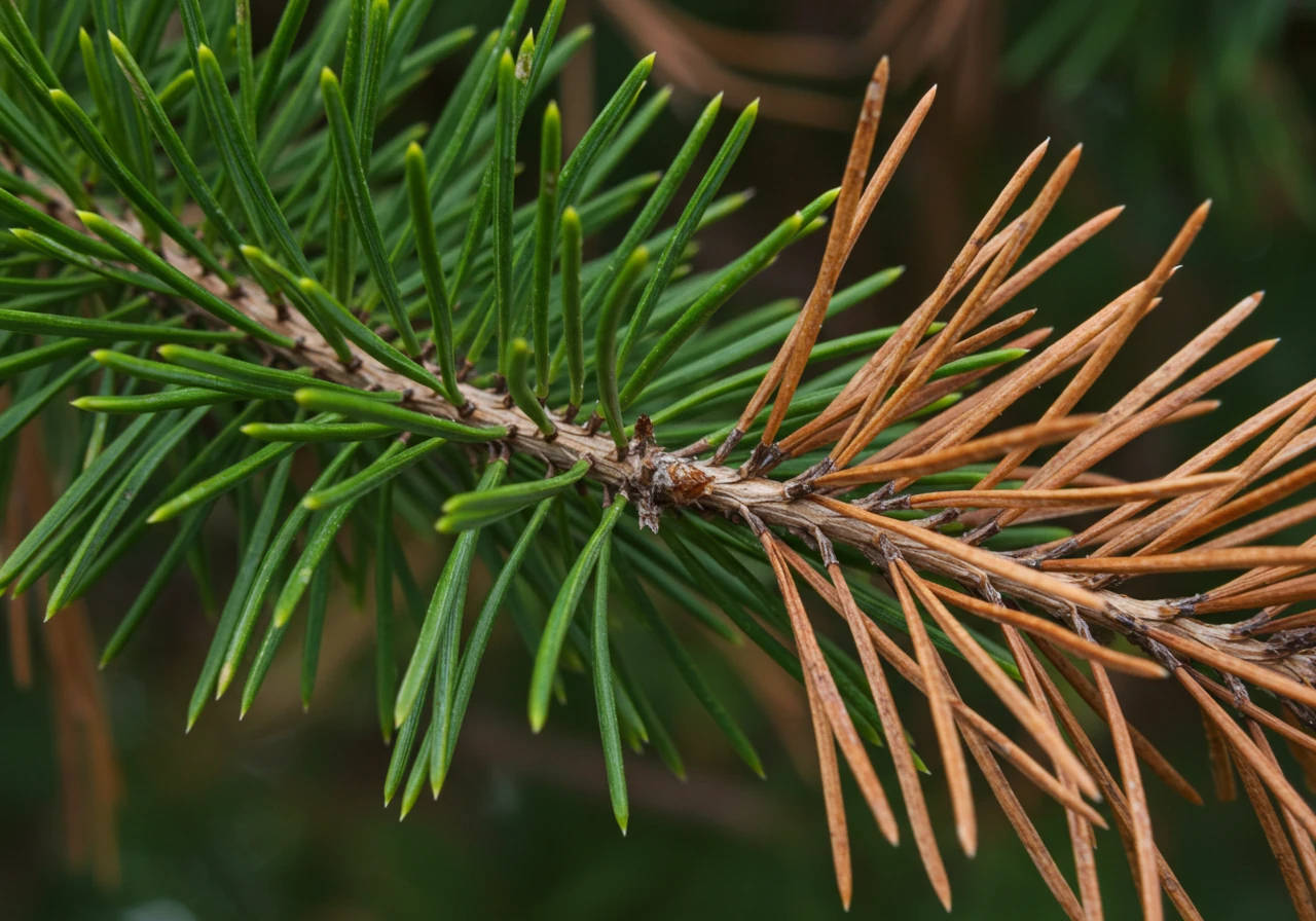 A clear, close-up photograph illustrating the visual difference between healthy cedar foliage and winter-burned foliage. One side of the image shows vibrant green, pliable needles, while the other side shows brittle, brown, desiccated needles characteristic of winter burn damage, highlighting the texture difference.