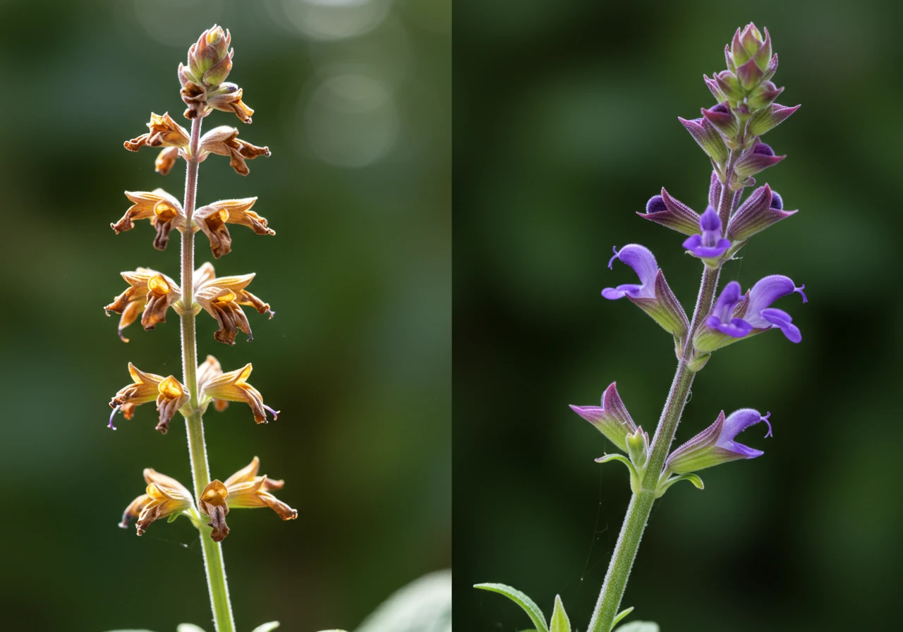 A clear, close-up comparison on a single plant stem (e.g., Salvia or Coreopsis) in bright sunlight. One side of the stem shows faded, browning, spent flower heads. The adjacent part of the stem shows where flowers have been recently removed (cleanly snipped stems) with vibrant new flower buds and healthy green leaves emerging just below the cuts. The focus should highlight the contrast between the spent blooms and the potential for new growth.