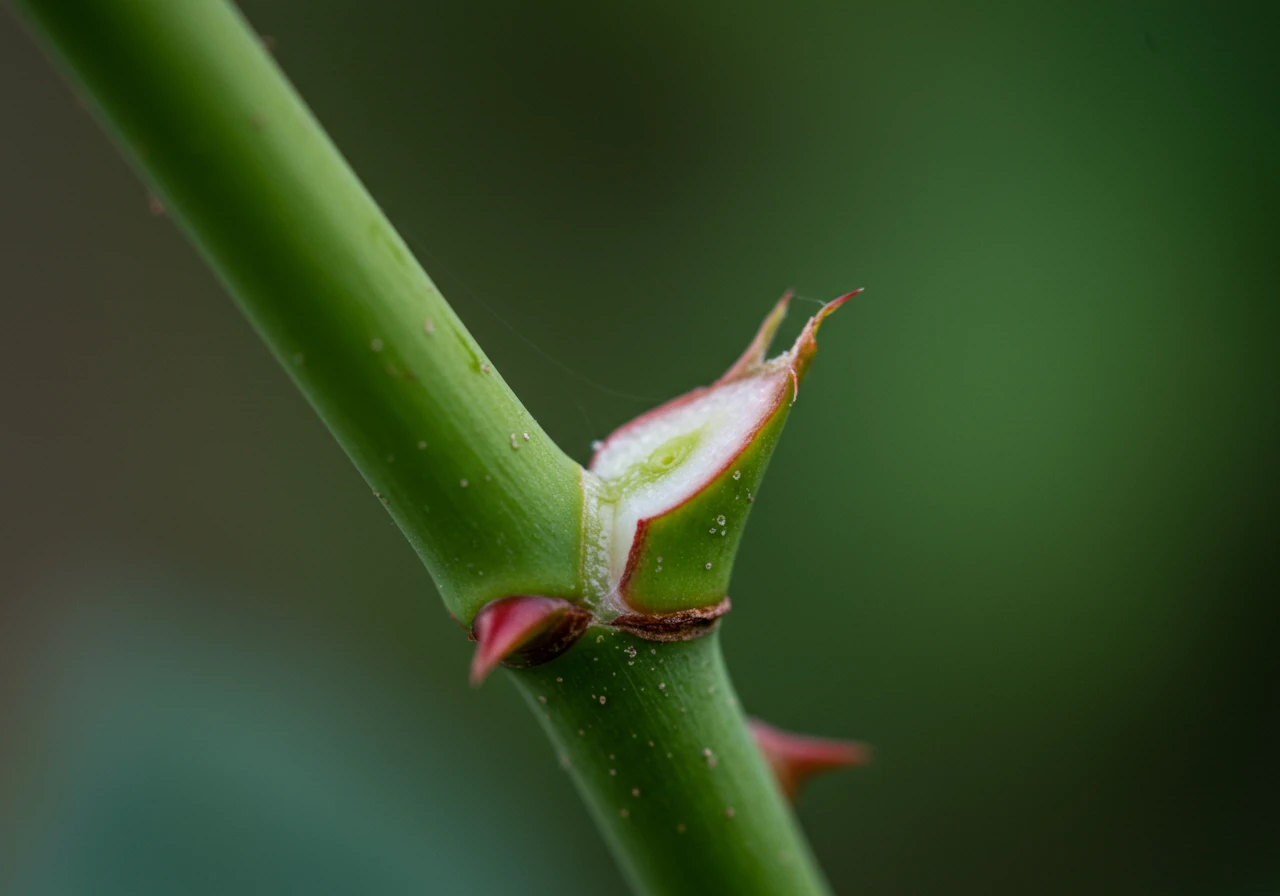 A detailed macro photograph illustrating the correct pruning cut on a rose cane. It should clearly show a clean, 45-degree angled cut made about 1/4 inch above a healthy, slightly swollen, outward-facing bud on a green rose cane. The cut surface should look clean, showing the green cambium and white pith. Background is softly blurred green foliage.