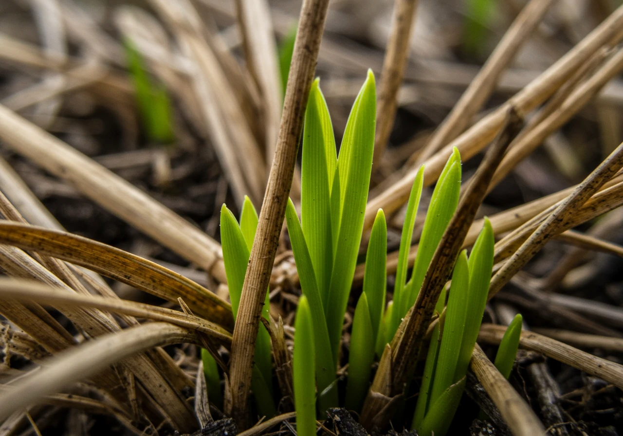 A close-up, macro-style shot focusing directly on the base (crown) of a clump of dormant ornamental grass. The image must clearly show the contrast between the old, tan, dead stalks and the small (1-2 inches), vibrant green new shoots just starting to emerge, illustrating the visual cue for the perfect pruning time.