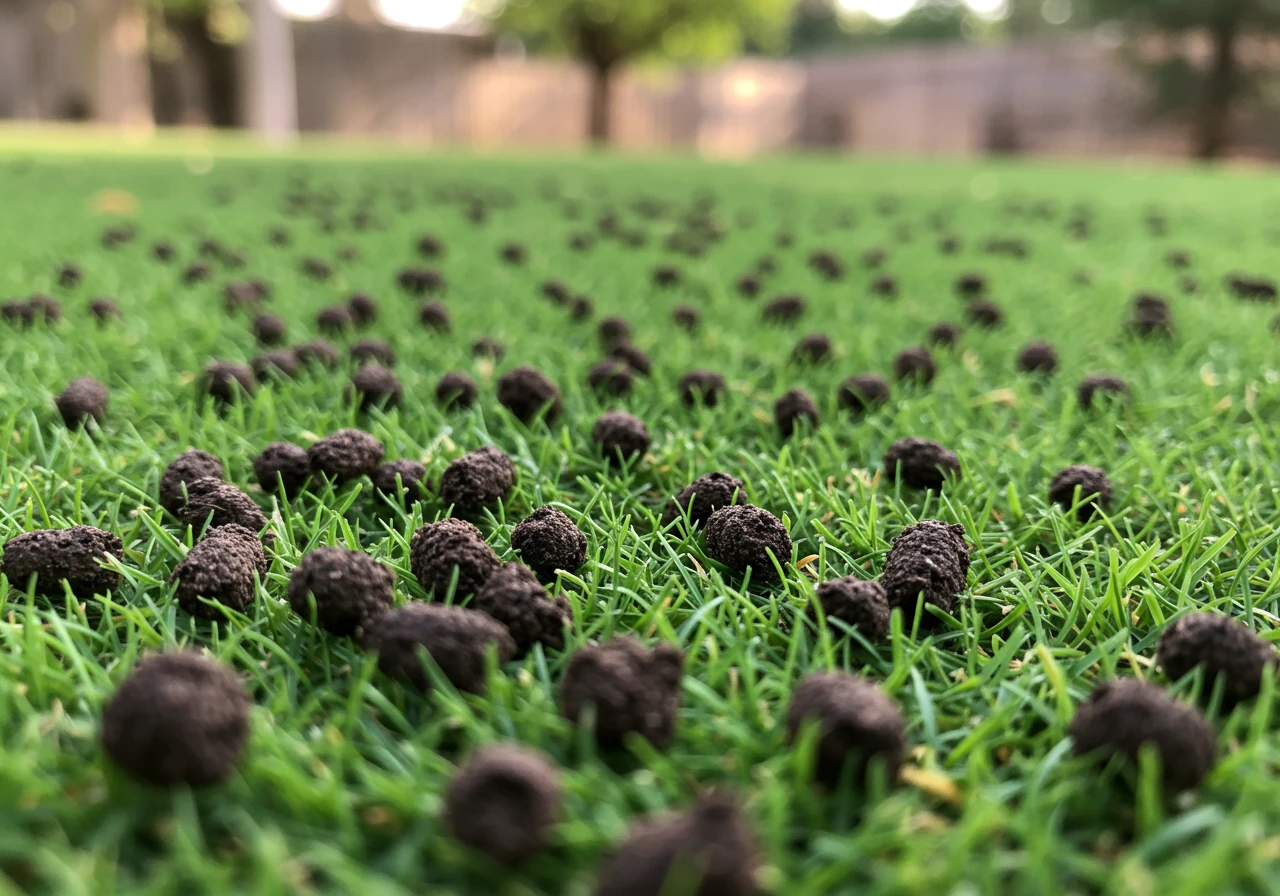 A detailed close-up image of a lawn immediately after core aeration. The focus should be on the small, cylindrical plugs of soil pulled from the lawn resting on the grass surface, clearly illustrating the result of the aeration process.