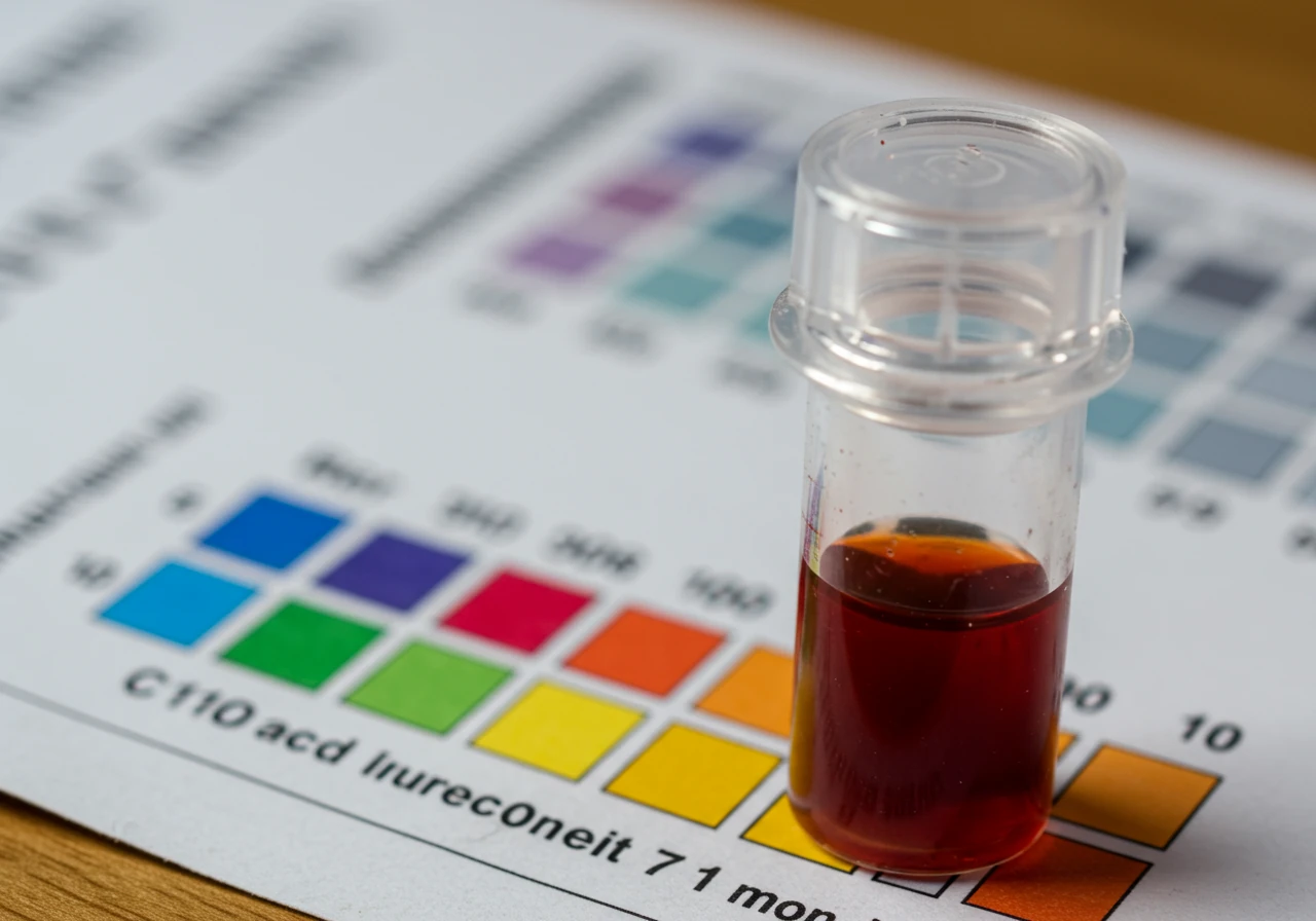 A macro photograph focusing tightly on a colorimetric DIY soil test vial held against its corresponding colour comparison chart. The solution inside the vial shows a colour that seems to fall ambiguously between two distinct colour blocks (e.g., between 'Low' and 'Medium') on the chart, visually highlighting the potential difficulty in interpretation and accuracy issues discussed in the section. The background is indistinct.