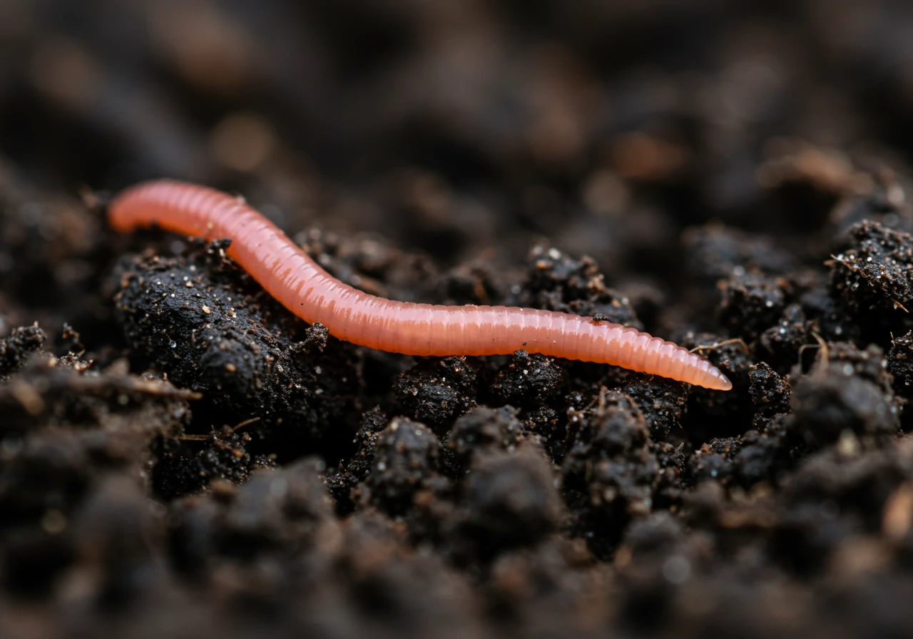 A macro close-up shot focusing on a healthy earthworm actively moving through dark, moist, crumbly soil. Small pieces of organic matter should be visible. This illustrates a key sign of improved soil health and structure mentioned in the text.