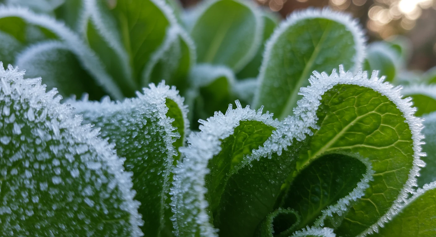 A close-up, detailed photograph capturing the delicate, crystalline structure of early morning frost settling on the vibrant green leaves of a garden plant, perhaps a lettuce leaf or a late-season flower petal. The frost should lightly coat the edges and surface, highlighting the chill described in the introduction.
