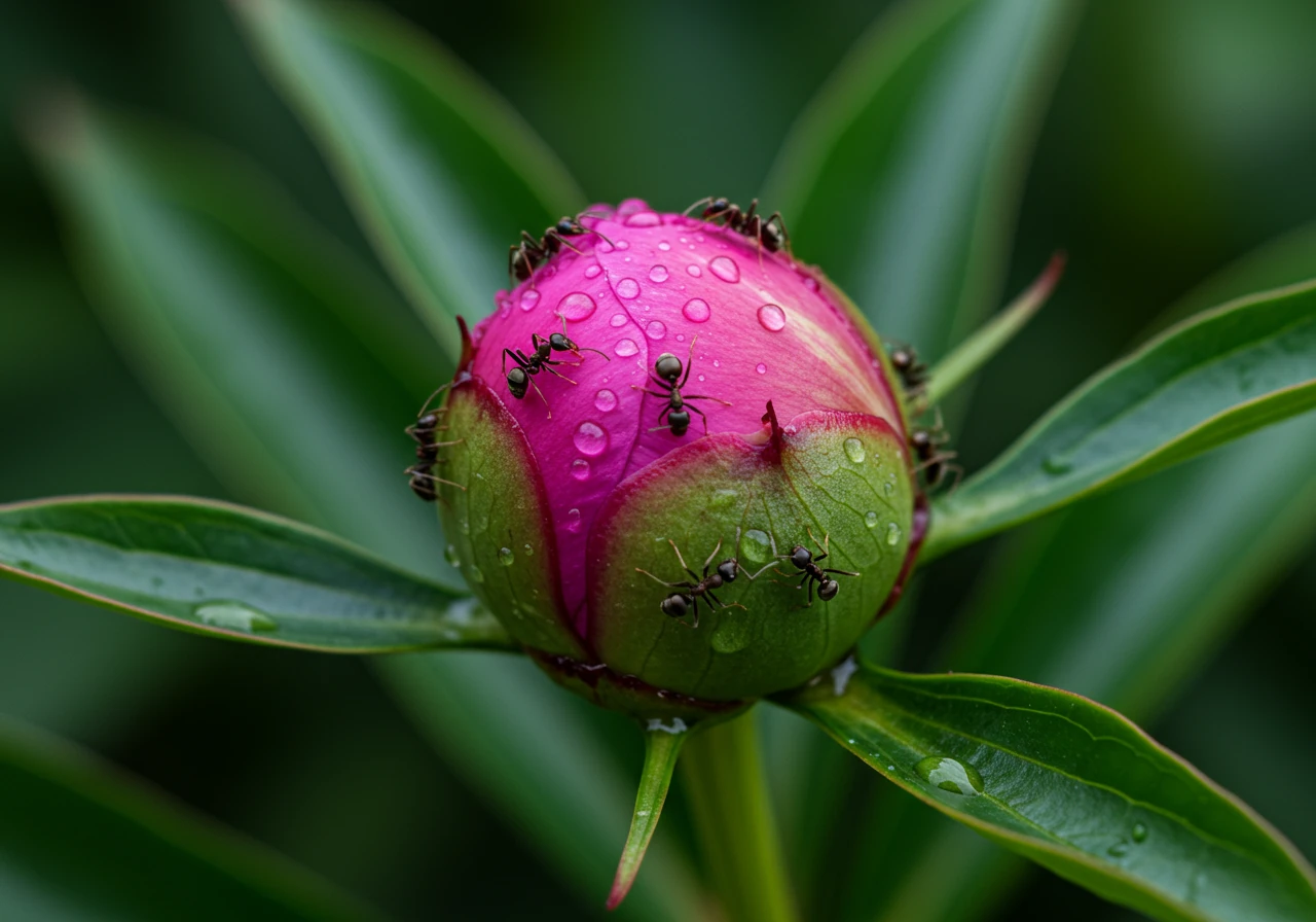 A macro photograph capturing several small black ants crawling harmlessly on a closed, healthy, vibrant pink peony bud. Possible tiny dew drops visible on the bud. The focus is sharp on the ants and the texture of the bud, illustrating the natural relationship described in the text. Healthy green leaves provide a soft background.