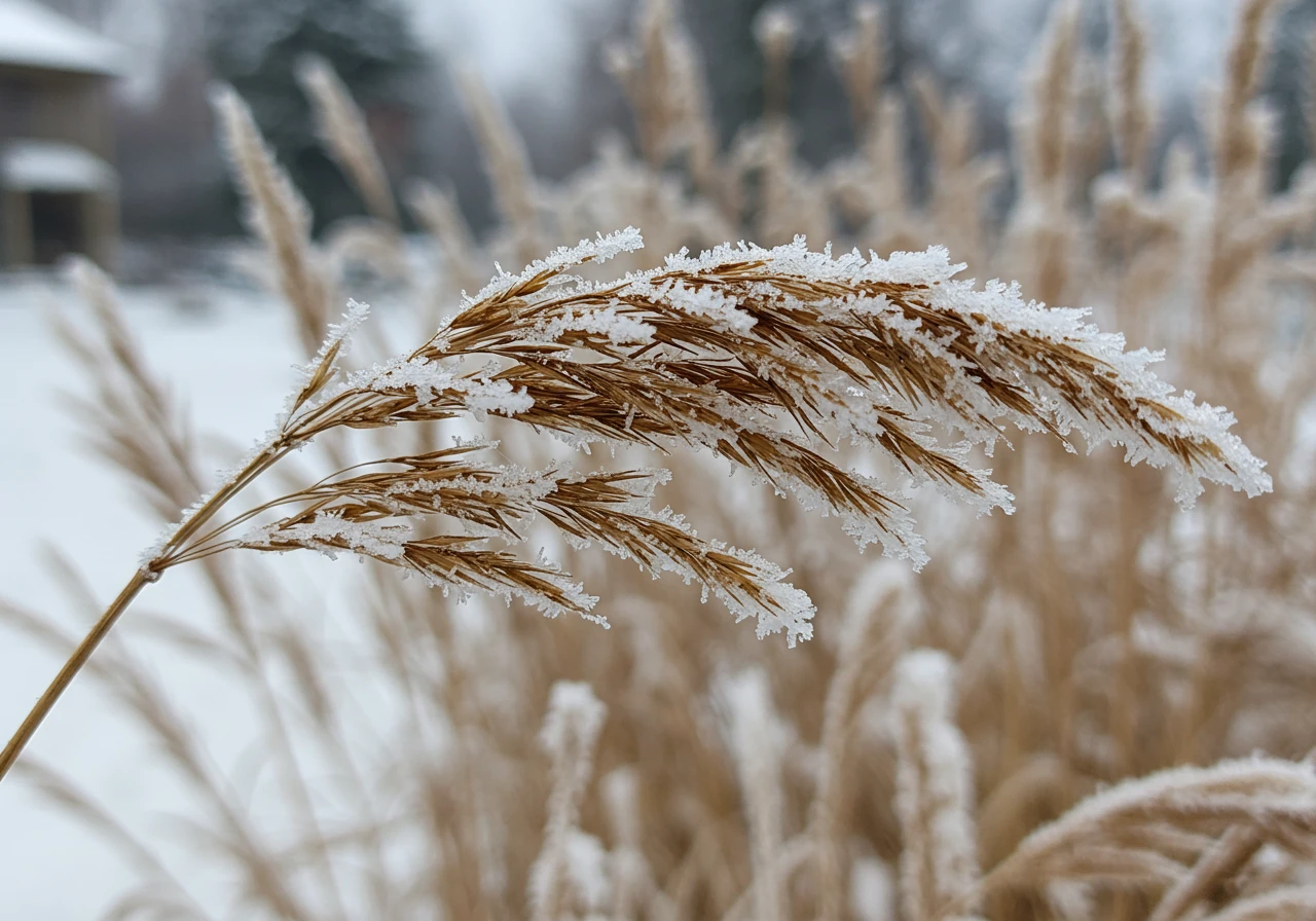 Close-up photograph focusing on the architectural form of dried ornamental grass plumes (e.g., Miscanthus or Feather Reed Grass) covered in delicate white frost against a muted, snowy garden background. This illustrates the concept of leaving certain plants standing for winter interest and bird food.