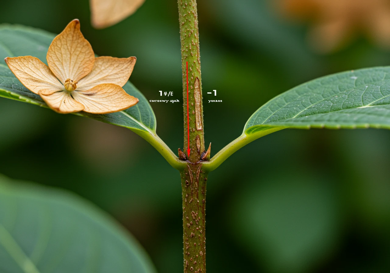 A detailed close-up photograph illustrating exactly where to make the deadheading cut on a hydrangea stem. The image should focus on a single stem with a faded flower head, clearly showing the point just above the first set of healthy green leaves below the bloom. No tools or hands visible, just the stem, leaves, and faded bloom indicating the correct cut location.