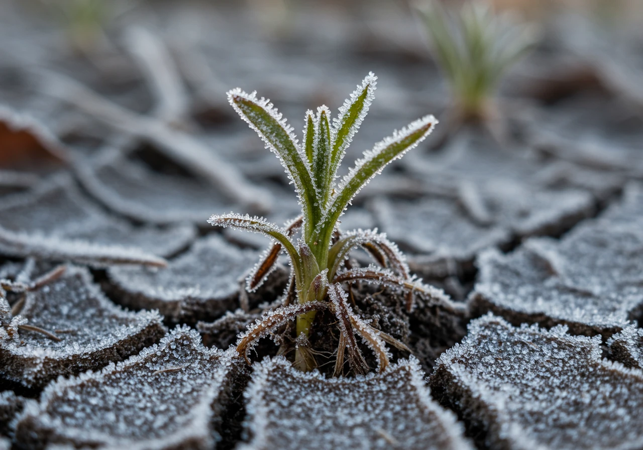 A close-up, ground-level photograph illustrating frost heave. It should show the base of a small, dormant perennial plant slightly lifted out of the frozen, cracked earth, with visible ice crystals in the soil around the exposed roots. The lighting should suggest a cold winter morning.