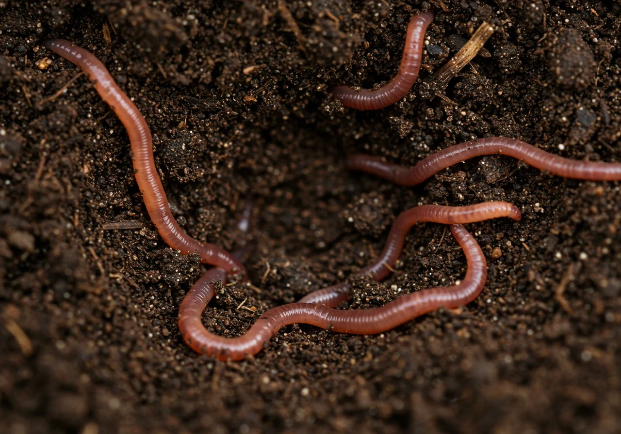A detailed close-up showing healthy, biologically active soil structure. The image captures dark, moist, crumbly loam with several earthworms visibly moving through it. Small fragments of decomposing organic matter are visible, indicating richness. Soft, natural light illuminates the soil texture and the worms.