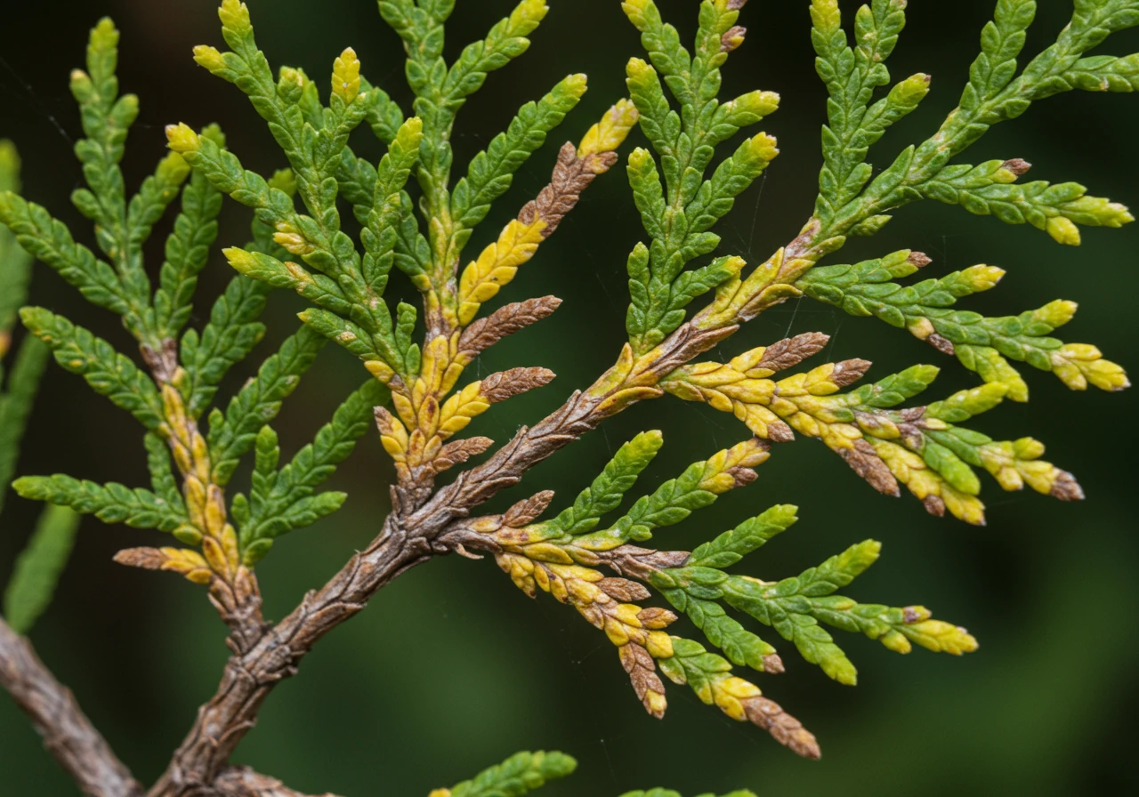 A detailed close-up photograph showcasing the distinct damage caused by Cedar Leaf Miners on Eastern White Cedar tips. The image should clearly show the yellowing or browning concentrated at the very ends of the small branchlets, contrasting with nearby healthy green foliage, highlighting the 'bleached tip' appearance described.