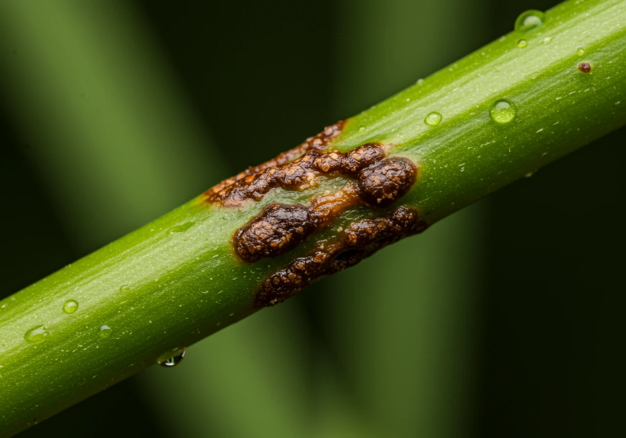 A close-up photograph focusing specifically on a plant stem exhibiting brown, slightly sunken spots indicative of a fungal issue or rot. The surrounding stem area might look water-soaked or discolored. The image should clearly highlight the texture and colour change associated with stem rot or disease, perhaps with morning dew present to subtly hint at moisture conditions.