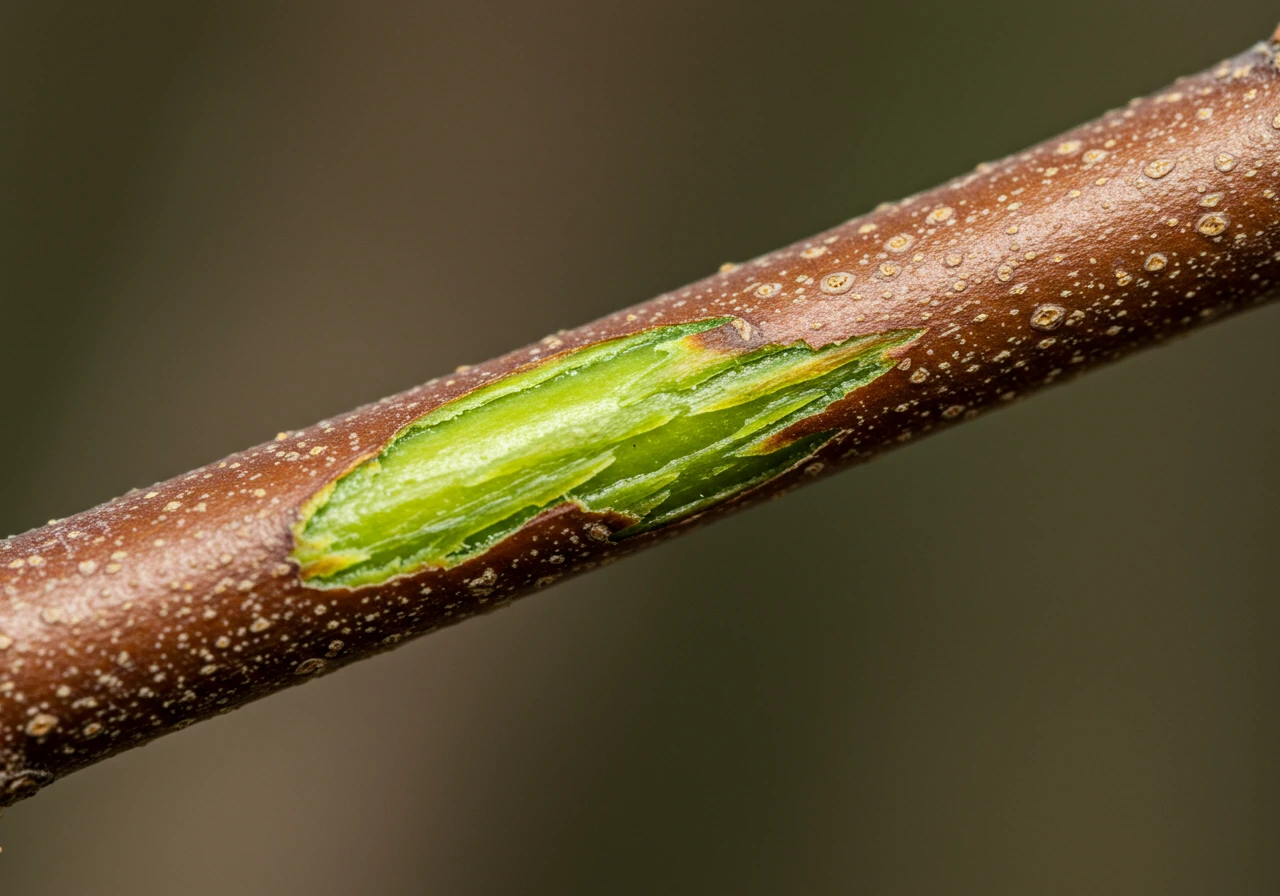 A close-up, detailed photograph focusing on a woody shrub branch. A small section of the rough, brown outer bark has been carefully scratched away with a fingernail or blade, revealing the vibrant, healthy green cambium layer underneath, signifying the branch is alive. The contrast between the textures and colors should be clear. Soft, natural outdoor lighting emphasizes the detail.