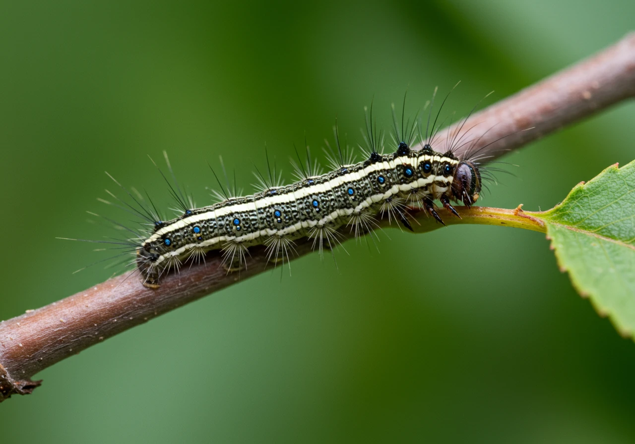 A detailed close-up photograph capturing a single Eastern Tent Caterpillar (*Malacosoma americanum*) crawling along a slender tree twig. The image should clearly show the caterpillar's distinctive features: its dark, fuzzy body, the prominent solid white stripe running down its back, flanked by yellow-brown lines, and the rows of pale blue oval spots along its sides. The background should be softly blurred (bokeh) spring foliage, emphasizing the caterpillar.