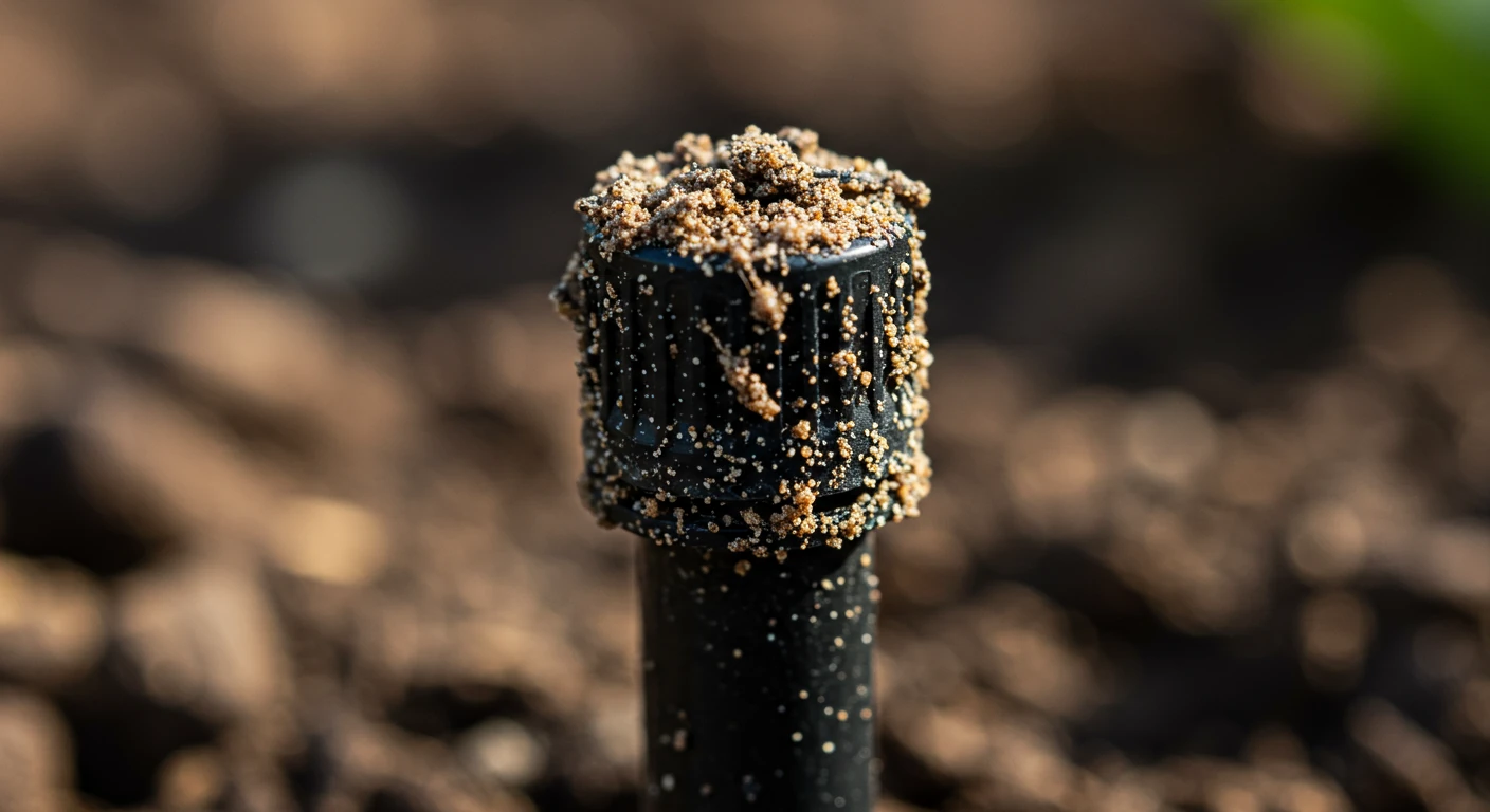 A macro shot focusing on a drip irrigation emitter heavily clogged with dirt and small leaf debris, contrasting with the idea of happy, flowing water. This visually represents the core problem the article addresses.