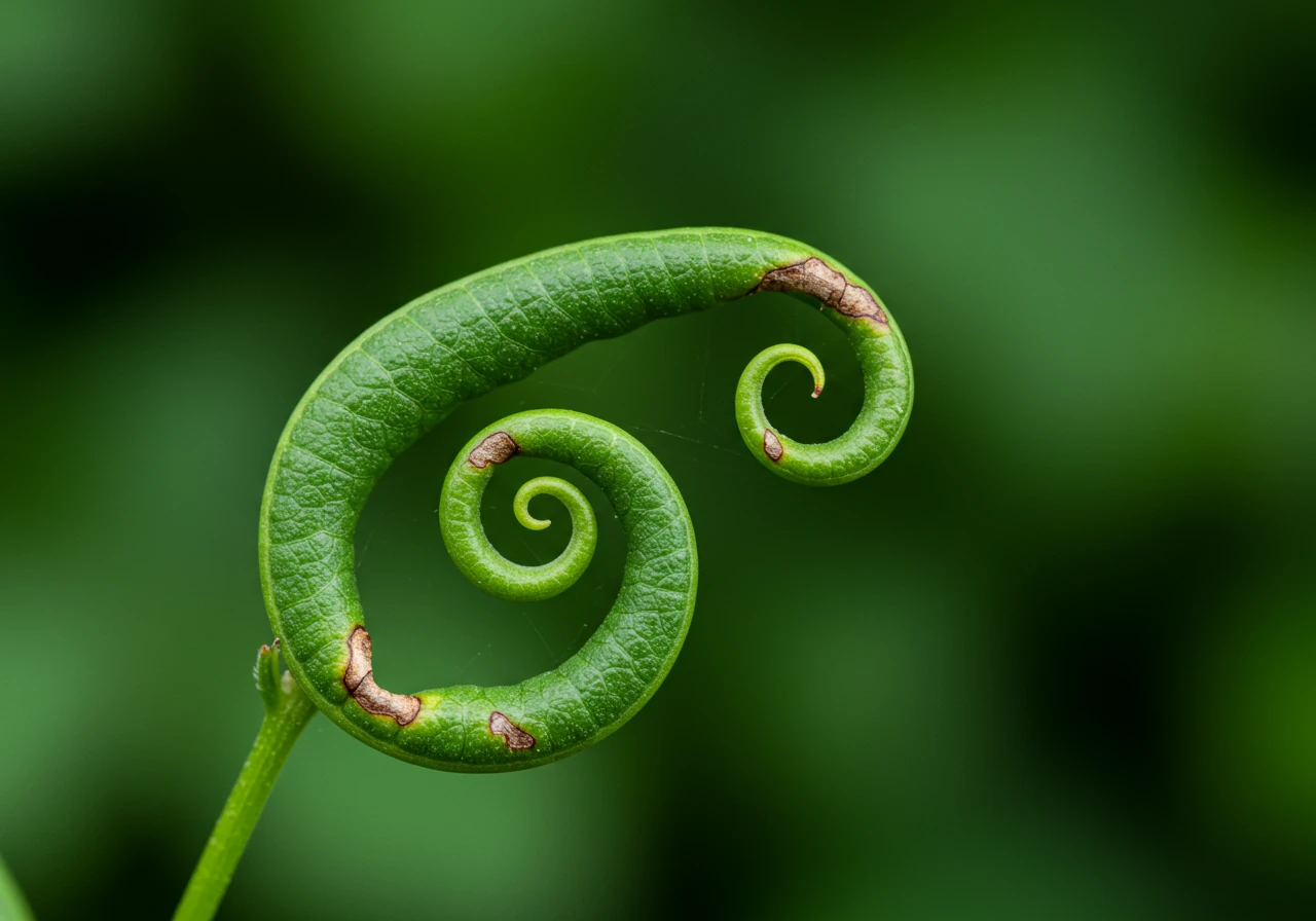 A detailed close-up photograph focusing on a single plant leaf (e.g., a tomato or rose leaf) clearly showing the characteristic signs of selective herbicide damage: distorted growth with unnatural curling, cupping, and twisting of the leaf and its veins. The background should be softly blurred green foliage to isolate the damaged leaf.