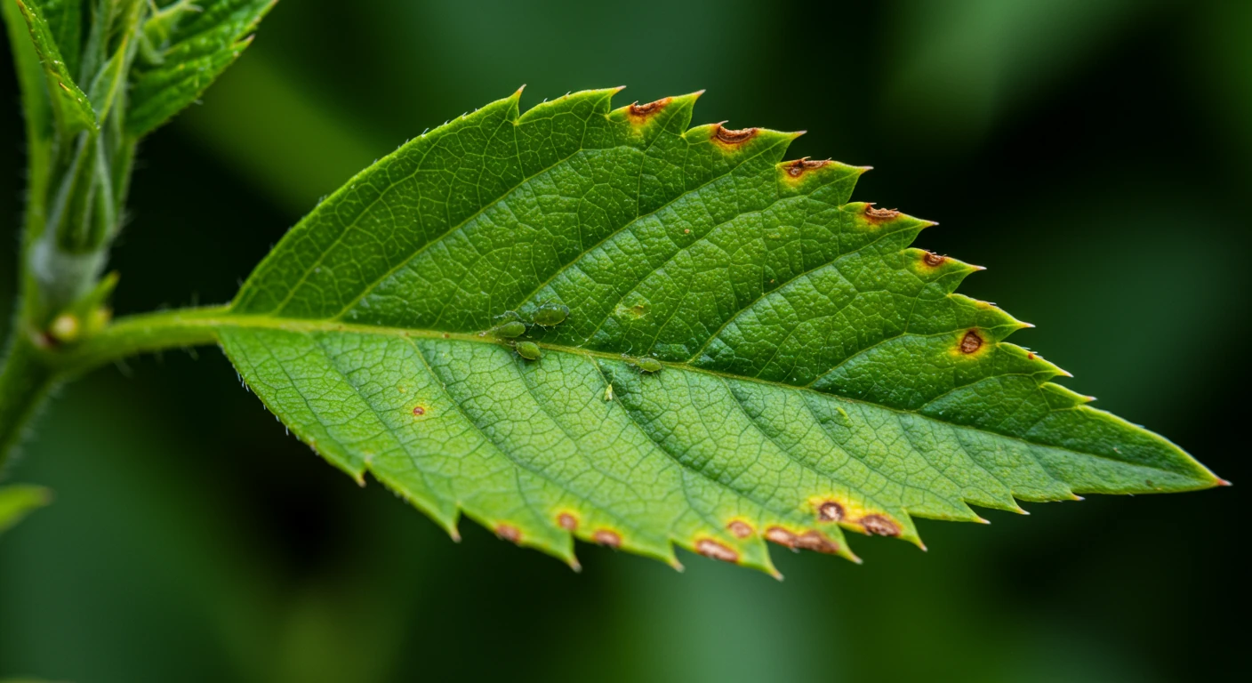 A macro photograph focusing on a single plant leaf exhibiting subtle, early signs of distress. This could be slight yellowing along the veins, a few tiny, well-defined brown spots, or perhaps one or two small aphids visible on the underside, catching the natural light. The background should be softly blurred green foliage, emphasizing the detail on the focal leaf.