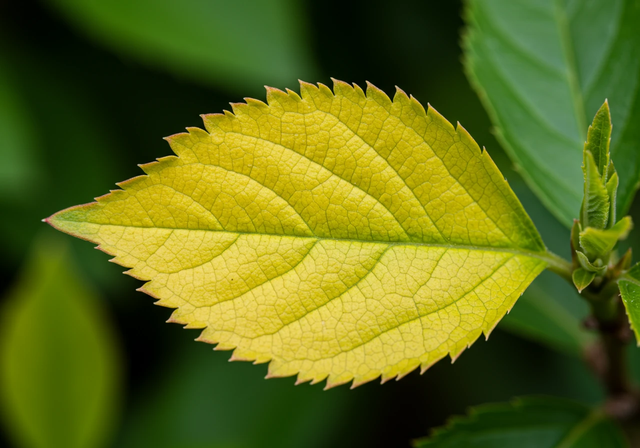 A clear, detailed close-up photograph showing a plant leaf exhibiting classic nitrogen deficiency. The image should focus on an older, lower leaf that is uniformly pale green to yellow, contrasting with potentially greener newer leaves (slightly out of focus in the background). Capture the texture of the leaf without any pests or water droplets visible.