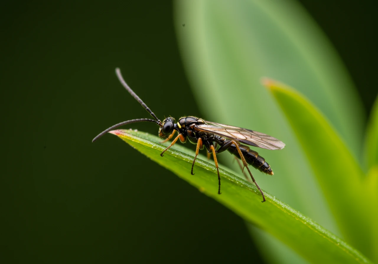 A detailed macro photograph showcasing a tiny, non-threatening parasitic wasp (e.g., Braconid or Ichneumonid) resting on a green leaf. This image helps visually differentiate these beneficial insects from common stinging wasps, emphasizing their small size and delicate structure.