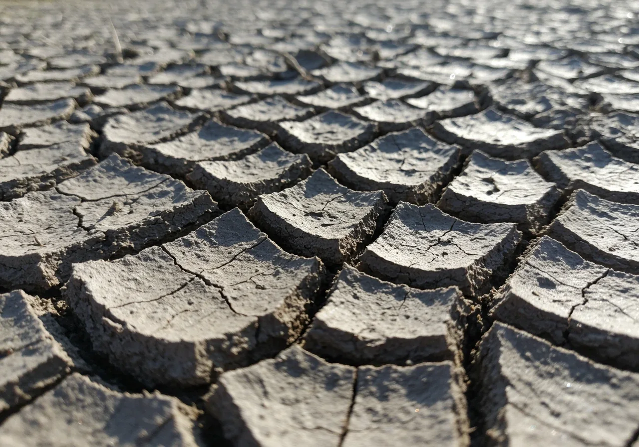 An evocative close-up image showing the harsh reality of dry clay soil. Focus on the texture: deep cracks and fissures revealing the hard, compacted surface under bright sunlight. This visualizes the 'bakes harder than a forgotten cookie' description.