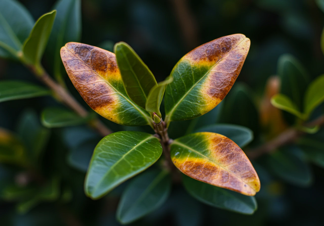 A close-up image clearly showing the contrast between healthy green boxwood leaves and leaves suffering from winter burn, displaying the characteristic bronze/yellowish discoloration. This visually demonstrates the damage discussed.