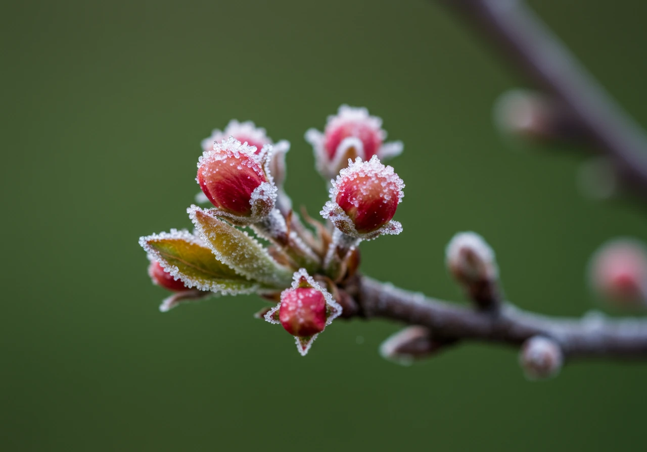 An image illustrating the 'Freeze-Thaw Fiasco'. This should show delicate, newly emerging spring buds or leaves (like on a crabapple or maple) covered in a layer of sparkling morning frost, symbolizing the damaging effect of unexpected cold snaps on tender growth.