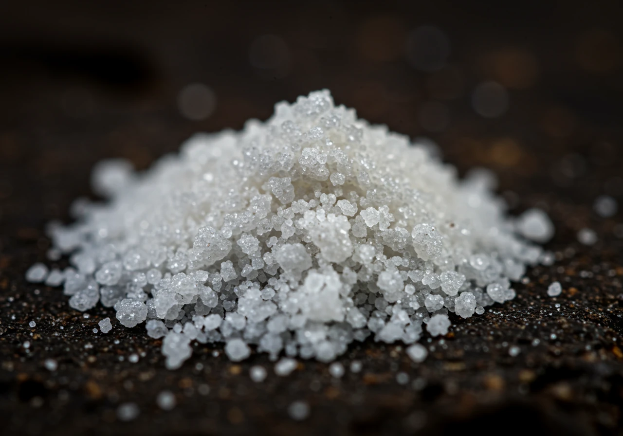 A close-up photograph showing a pile of fine white or slightly off-white granular agricultural gypsum powder resting on a dark, textured soil surface to provide contrast, highlighting its texture. Focus should be on the gypsum itself.