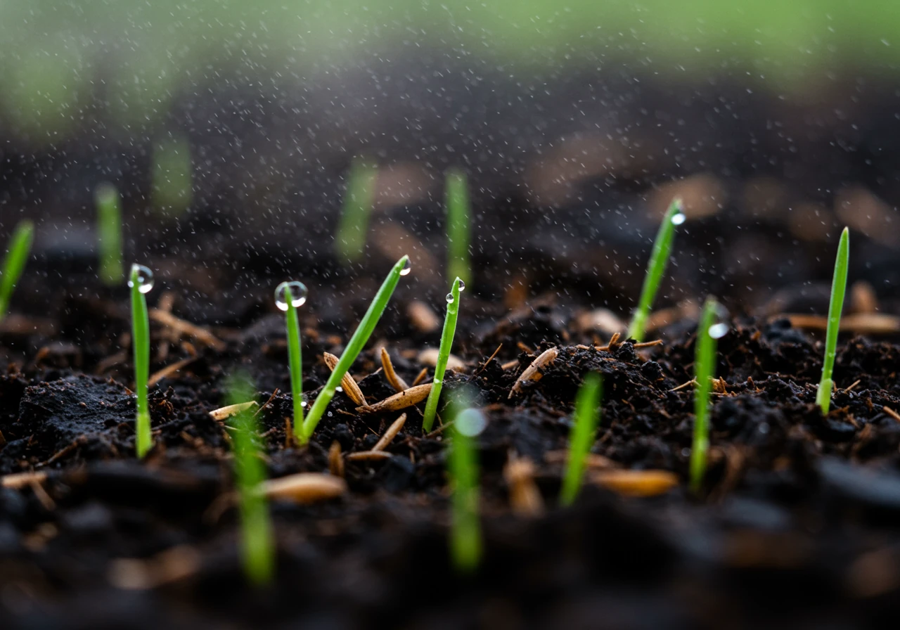 A detailed close-up shot capturing grass seeds lightly sprinkled over a prepared, dark, moist soil surface. Fine water droplets should be visible on the soil and seeds, illustrating the critical need for consistent moisture during germination.