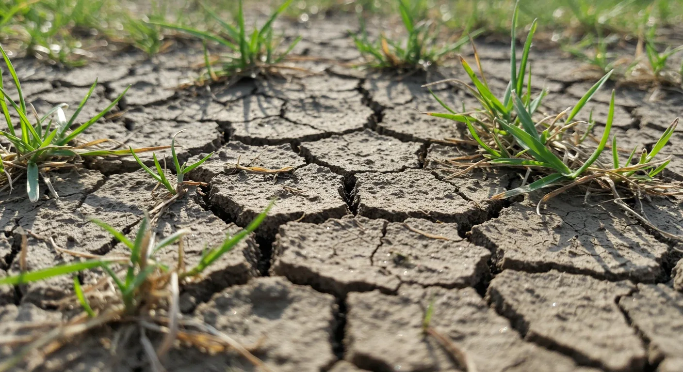 A close-up image illustrating the concept of severely compacted soil. It should show dry, cracked earth with very sparse, possibly stressed-looking grass blades, visually representing the 'hard as a hockey puck' analogy.