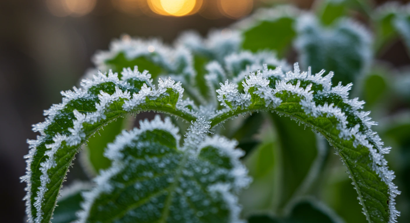 A close-up photograph illustrating the core problem: delicate garden plant leaves touched by frost. This image immediately connects with the reader's experience mentioned in the introduction.