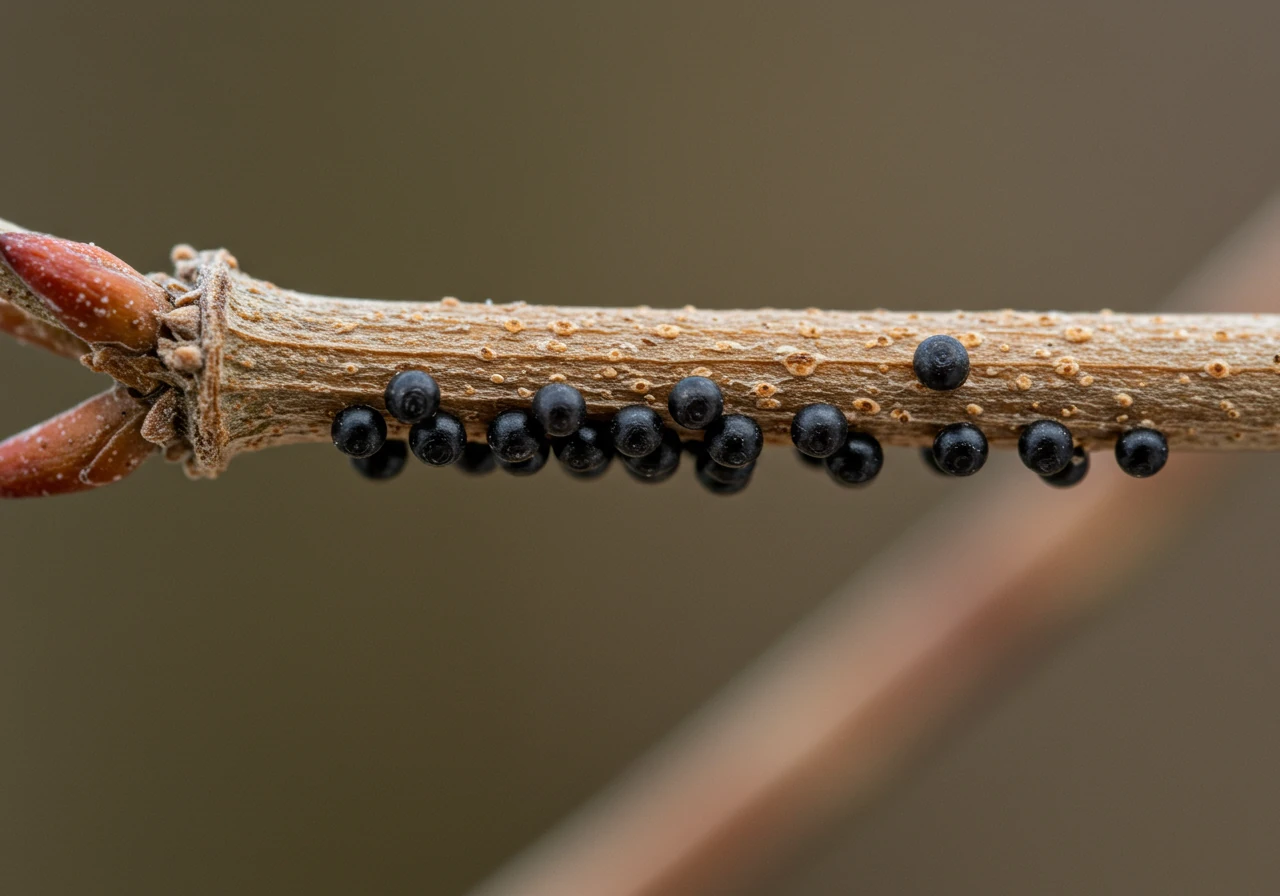 A macro shot focusing on a young viburnum twig during the dormant season. Clearly visible are the characteristic VLB egg-laying sites: small, dark brown, slightly raised bumps or scabby caps arranged in neat rows along the twig surface. The texture of the twig bark and the egg caps should be detailed.