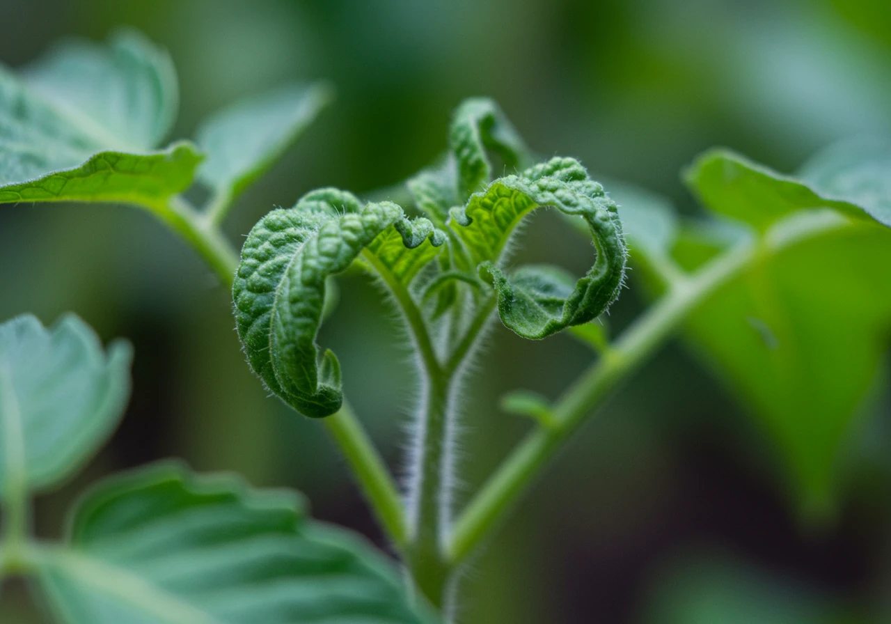 A clear, close-up photograph focusing specifically on the *newest* leaves of a tomato or pepper plant exhibiting the characteristic downward curling, twisting, and slight distortion symptomatic of calcium deficiency. The leaves should look otherwise relatively green, distinguishing it from diseases causing spots or yellowing. The background should be softly blurred garden foliage.