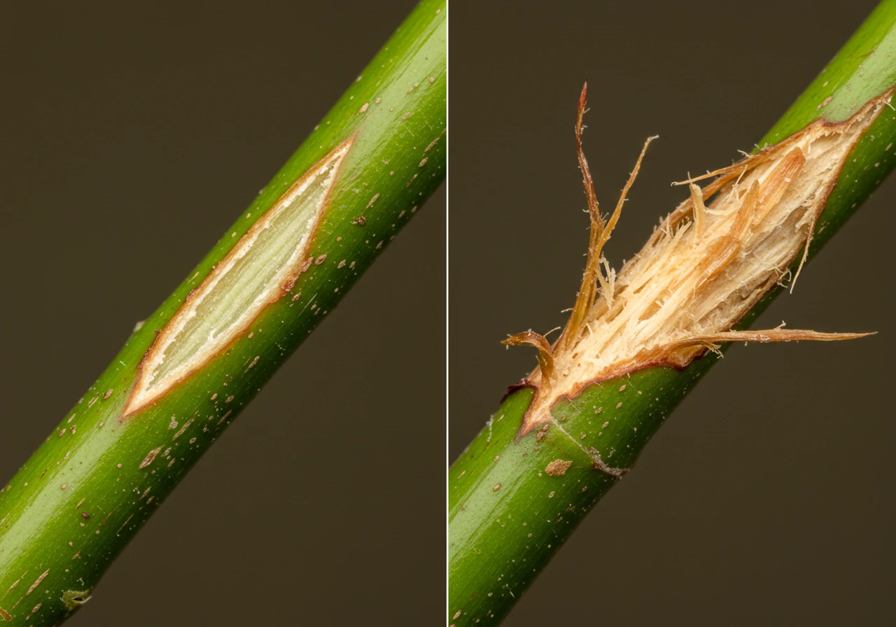 A clear, close-up comparison photo showing two plant stems. One stem displays a clean, sharp cut made with a proper tool, highlighting smooth edges. The other stem shows a ragged, crushed, and torn cut made with a dull tool, emphasizing the damaged tissue and potential entry points for disease.