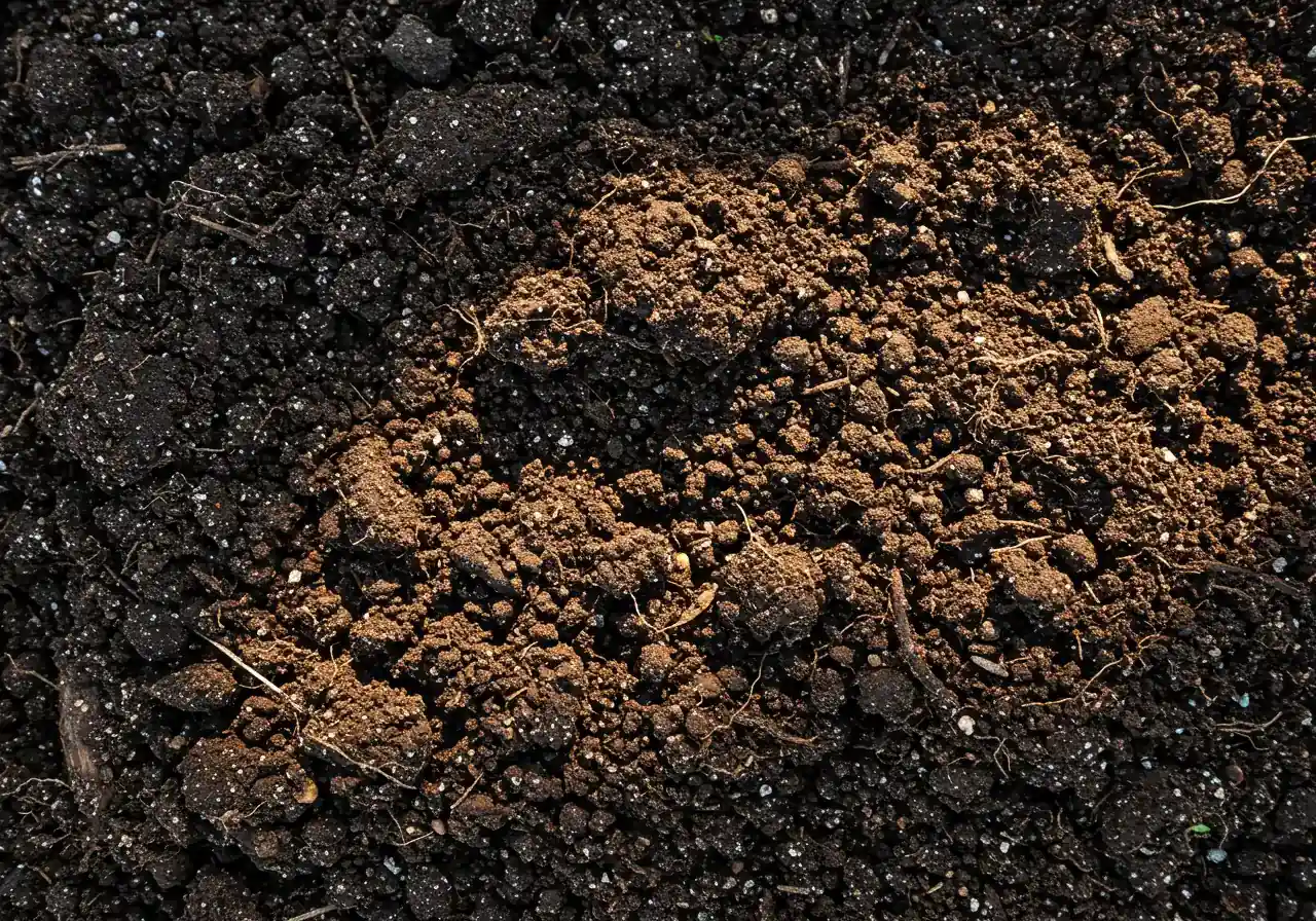 An image clearly illustrating good soil structure. Show a cross-section or close-up view of soil with visible aggregates (crumbly structure), demonstrating porosity. Small roots could be subtly visible navigating through the soil aggregates. Avoid showing overly compacted or waterlogged soil, focus on the ideal structure.