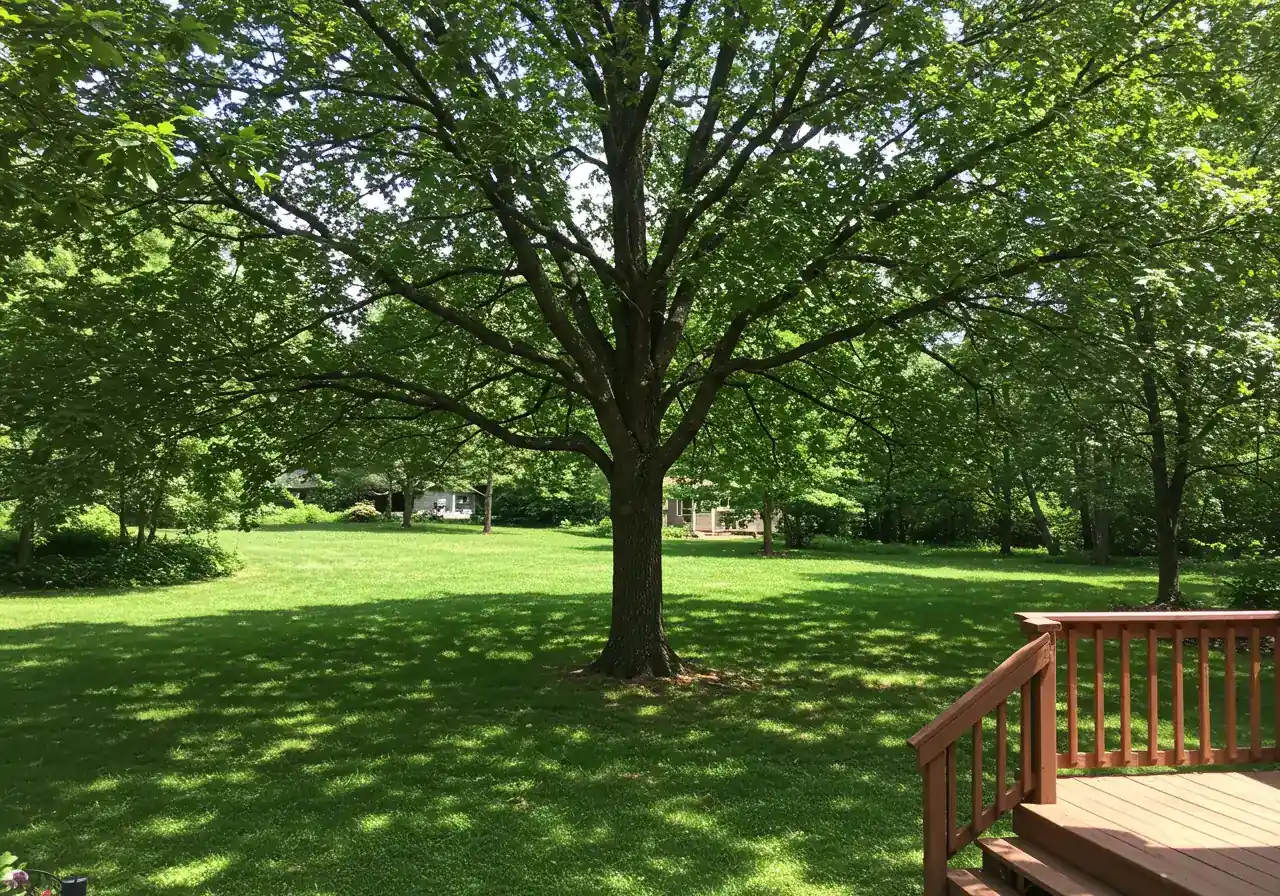 A wide-angle shot showcasing a mature, healthy deciduous shade tree (like a maple or oak) in full summer leaf, casting a large area of dense, cooling shade across a green lawn and part of a wooden deck or stone patio. The contrast between the bright sunny areas and the deep shade should be evident. No people.