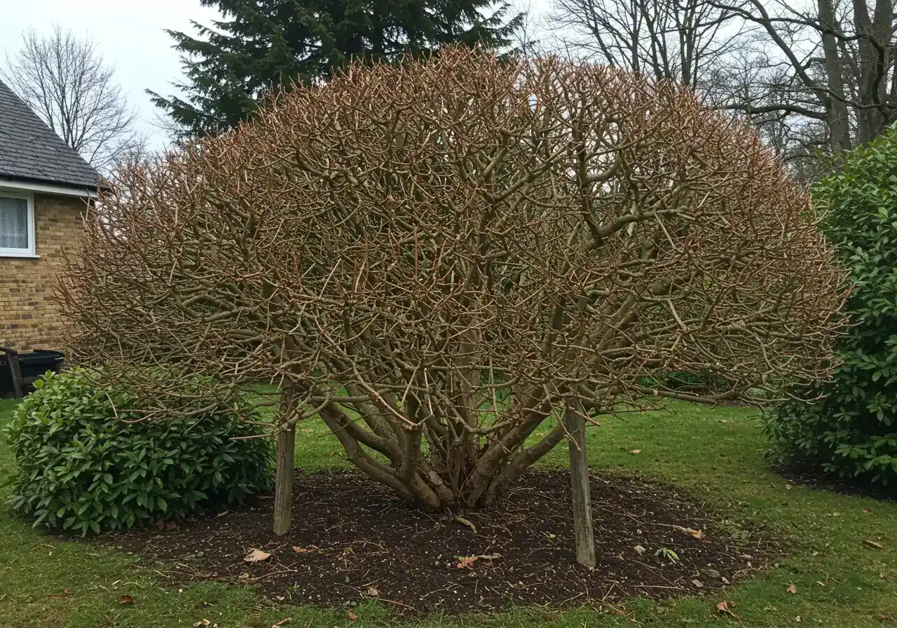 A mature, overgrown Viburnum shrub clearly showing the 'bare legs' symptom described in the text. The lower part of the shrub should be sparse with visible woody stems, while the top is denser, perhaps looking a bit tangled. The setting is a typical residential garden background, slightly out of focus to emphasize the shrub.